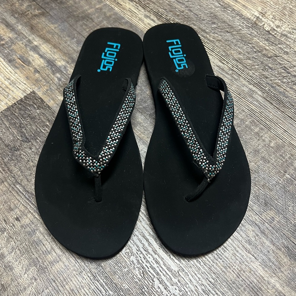 💙 Flojos Thong Sandal Flip-Flop / Black Suede / Blue Silver Detail / Size 7💙